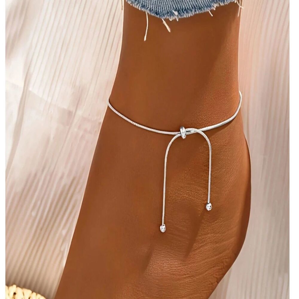 Silver Tassel Snake Chain Anklet / Bracelet Adjustable Beaded Summer Sandals New